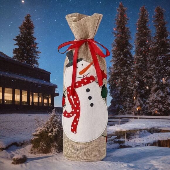 Holiday Snowman Burlap Wine Bottle Cover - Picture 2 of 5